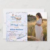 Invitation Photo de Baby shower d'avion bleu rétro (Devant)
