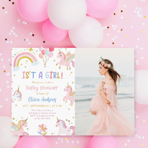 Invitation Photo de Baby Shower Fille Licorne Magique Rose Vi