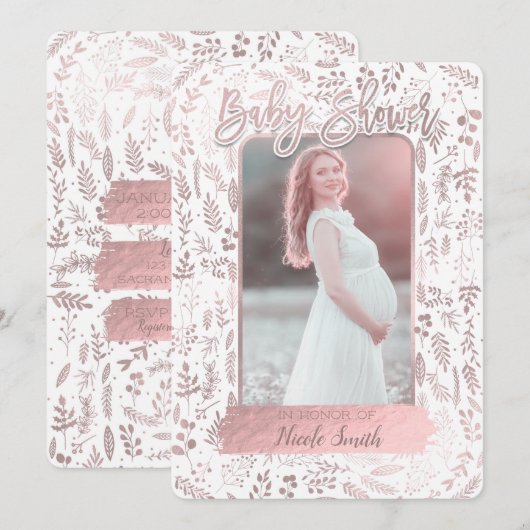 Invitation Photo de Baby Shower Moderne avec Feuille de Rose (Devant / Derrière)