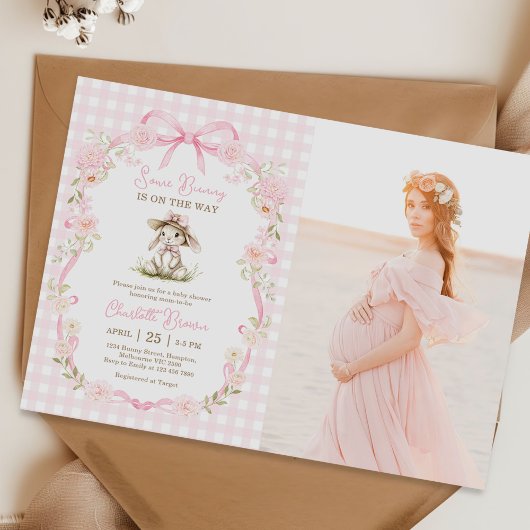 Invitation Photo de Baby Shower Some Bunny Pink Bow Gingham