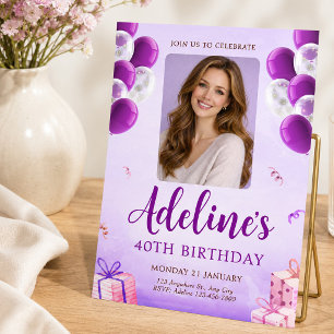 Invitation Photo de ballon violet pour les 40 ans des femmes