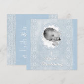 Invitation Photo de baptême bébé bleu blanc garçon (Devant / Derrière)