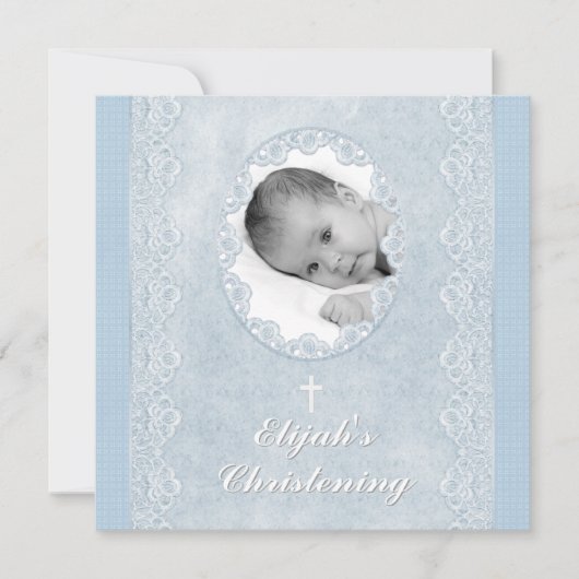Invitation Photo de baptême bébé bleu blanc garçon (Devant)