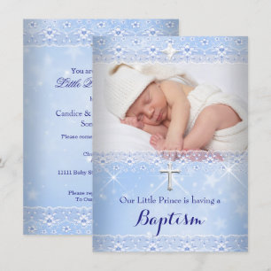 Invitation Photo de baptême de bébé garçon en dentelle bleue