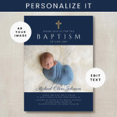 Invitation Photo de Baptême de Boy Croix Religieuse Bleue Mar
