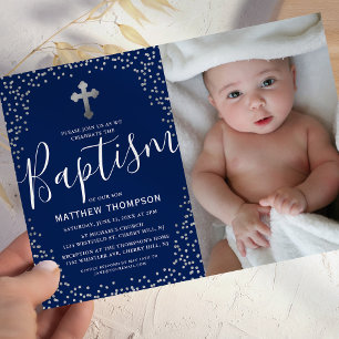 Invitation Photo de baptême de garçon à paillettes bleu argen