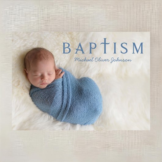 Invitation Photo de baptême de garçon bleu moderne