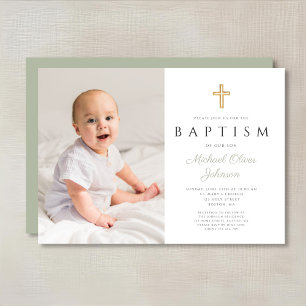 Invitation Photo de baptême de garçon religieux vert sauge mo