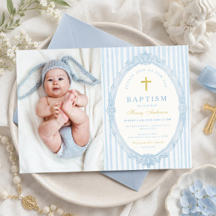 Invitation Photo de baptême élégant vintage garçons avec rayu