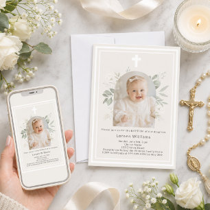 Invitation Photo de baptême fille arc floral ivoire beige