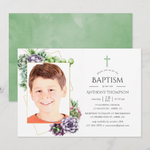 Invitation Photo de baptême géométrique succulent