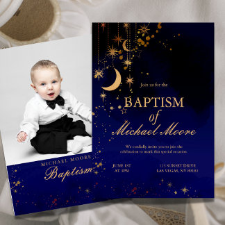 Invitation photo de baptême Lune et Étoiles