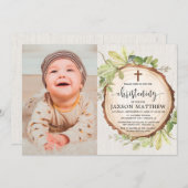 Invitation Photo de baptême rustique feuillage de chute de bo (Devant / Derrière)