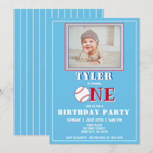Invitation Photo de baseball de garçon bleu mignon pour 1er a