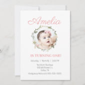 Invitation Photo de bébé avec fleur rose délicate de fleur sa (Devant)