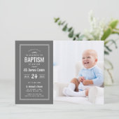 Invitation Photo de bébé gris moderne Baptême (Debout devant)