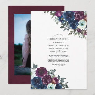 Invitation Photo de célébration de vie florale prune et marin