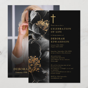 Invitation Photo de célébration de vie noir et or chrétien