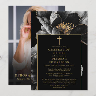 Invitation Photo de célébration de vie noir et or chrétien