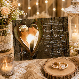 Invitation Photo de cœur d'arbre en bois rustique pour mariag