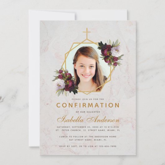 Invitation Photo de confirmation de fille Floral Burgundy Peo (Devant)