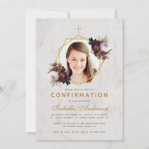 Invitation Photo de confirmation de fille Floral Burgundy Peo