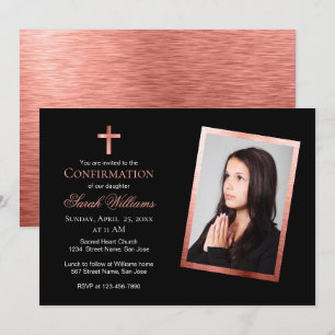 Invitation Photo de confirmation de fille Rose Gold Noir Rose