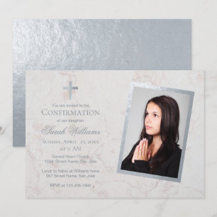 Invitation Photo de confirmation Faux marbre blanc argenté sc