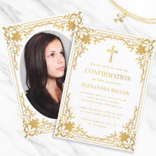 Invitation Photo de confirmation Faux papier d'or vintage élé