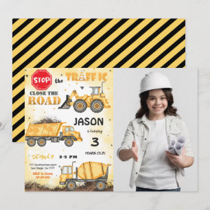 Invitation photo de construction jaune et noir