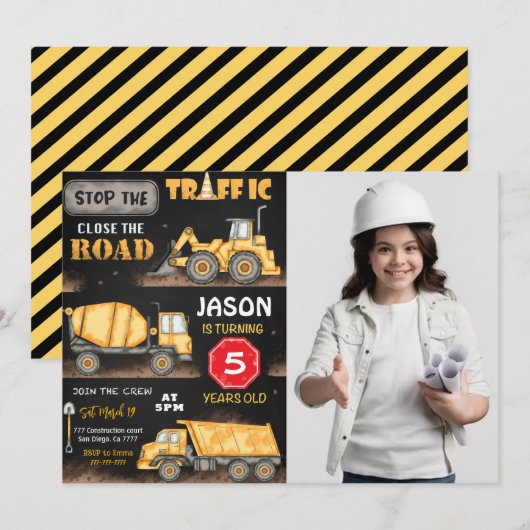 Invitation photo de construction noire et jaune (Devant / Derrière)