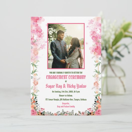 Invitation Photo de couple de cérémonie de fiançailles hindou (Debout devant)