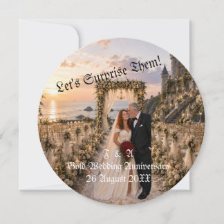 Invitation Photo de couple de mariage doré Rond Surprise