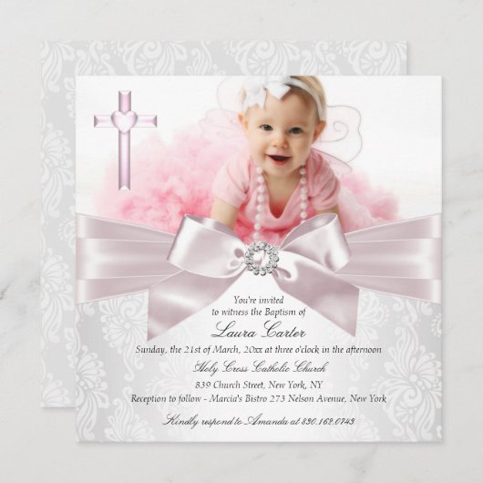 Invitation Photo de Croix de Bow rose Baptême/Christening (Devant / Derrière)