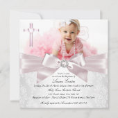 Invitation Photo de Croix de Bow rose Baptême/Christening (Devant)