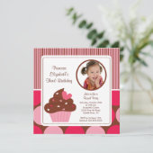 Invitation Photo de Cupcake Birthday Rose Polka Dots (Debout devant)
