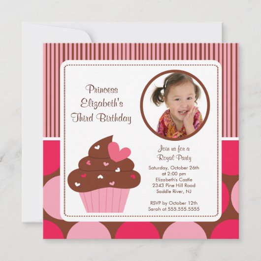 Invitation Photo de Cupcake Birthday Rose Polka Dots (Devant)