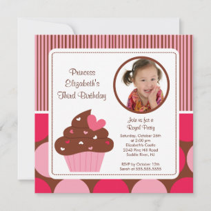 Invitation Photo de Cupcake Birthday Rose Polka Dots