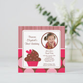 Invitation Photo de Cupcake Birthday Rose Polka Dots (Debout devant)
