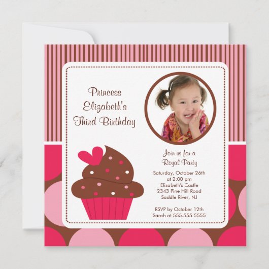 Invitation Photo de Cupcake Birthday Rose Polka Dots (Devant)