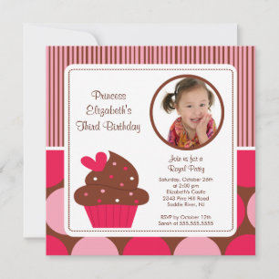 Invitation Photo de Cupcake Birthday Rose Polka Dots
