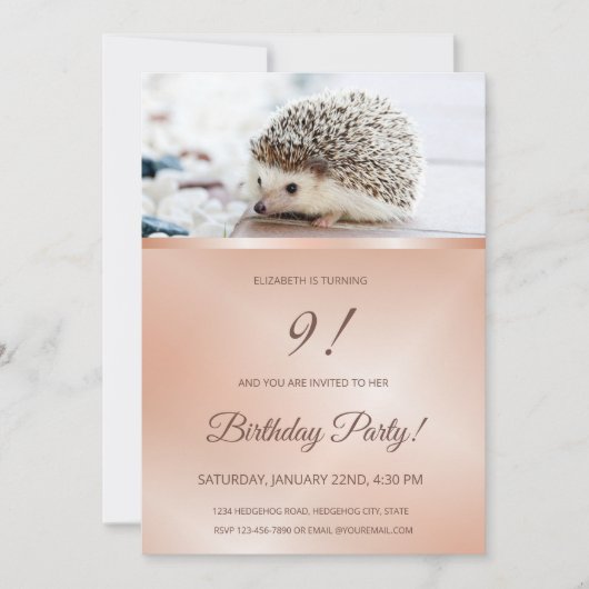 Invitation Photo de Cute Hedgehog | Roses Gold Girls (Devant)