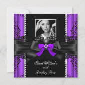 Invitation Photo de dentelle noire violet fête d'anniversaire (Devant)