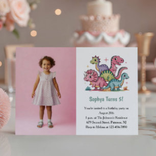 Invitation Photo de dinosaure rose mignon pour fête d'anniver