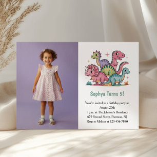 Invitation Photo de dinosaure violet mignon pour fête d'anniv
