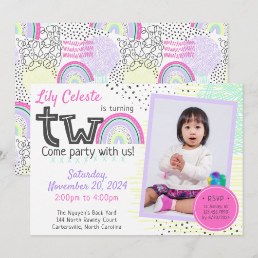 Invitation Photo de Doodles Kawaii pour le 2ème anniversaire  (Devant / Derrière)