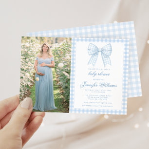 Invitation Photo de douche de bébé garçon avec un ruban à nœu