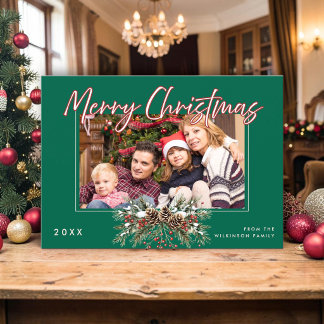 Invitation Photo de famille Joyeux Noël Cône de pin Baies rou