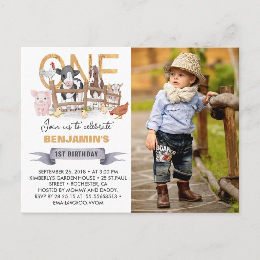 Invitation photo de ferme pour le 1er anniversaire (Devant)