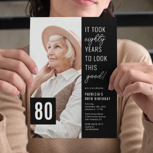 Invitation Photo de fête d'anniversaire 80 ans en noir et bla